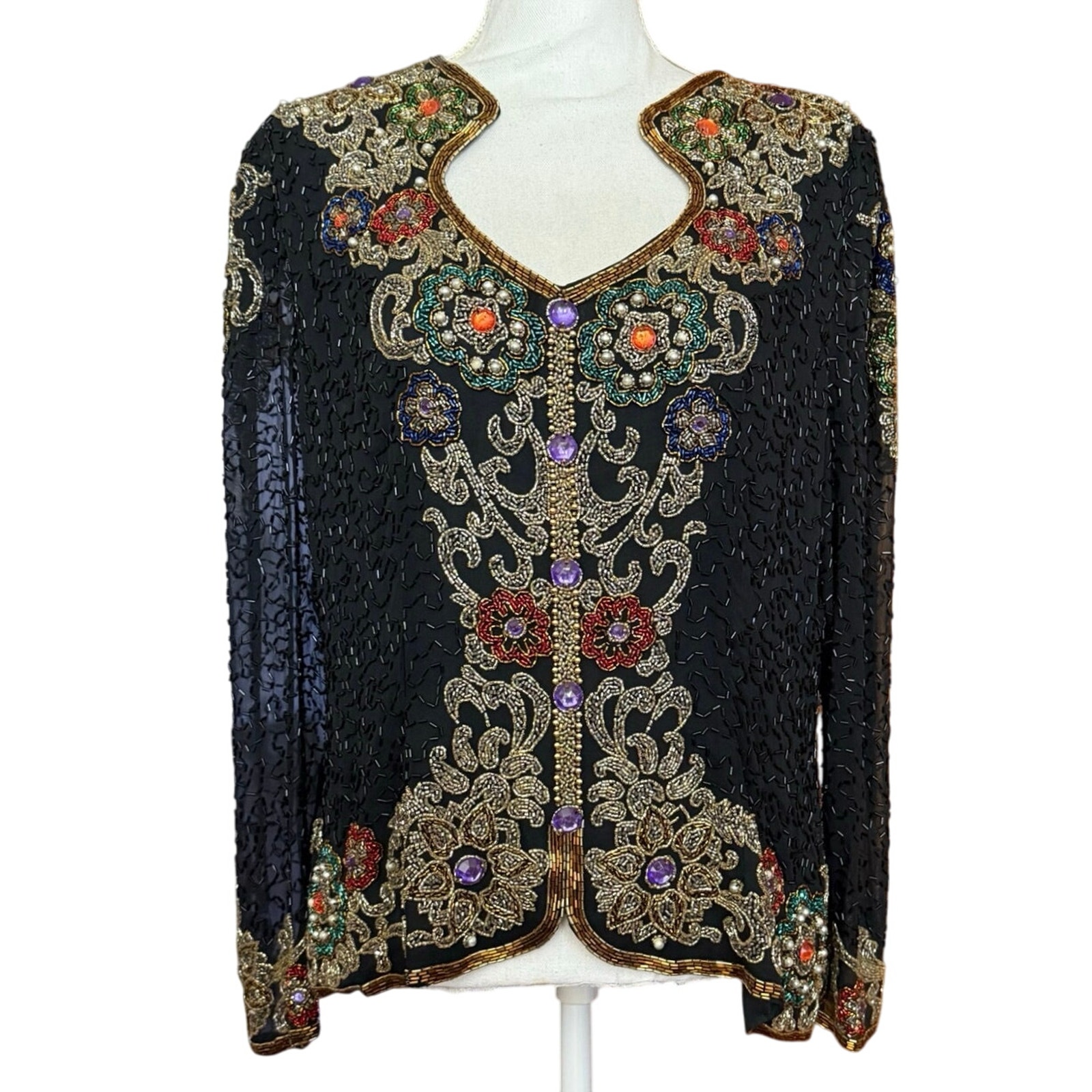 Black Tie By He-Ro He Ro Beaded Blouse True Vintage Studded Bedazzled Xl X Large